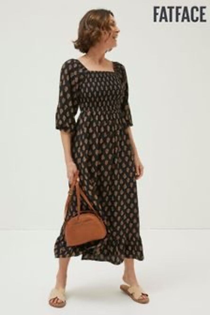 Fat Face smocked black printed midi dress
